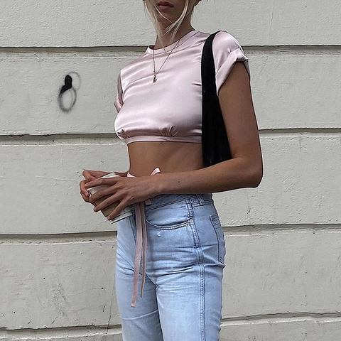 Women Sexy Satin Crop Top Short Sleeve Round Neck Backless Tie Back Lace Up Slim Fit Summer Trendy Fashion Solid Color