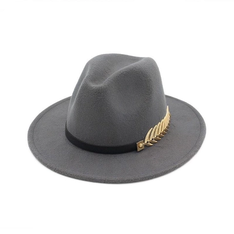 Retro British Style Wool Felt Fedora Hat With Golden Leaf Feather Decor Wide Brim Classic Jazz Hat For Women