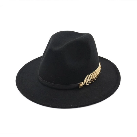 Retro British Style Wool Felt Fedora Hat With Golden Leaf Feather Decor Wide Brim Classic Jazz Hat For Women