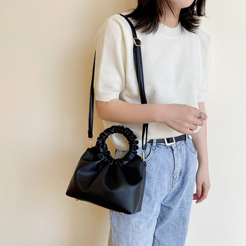 Ruched PU Leather Crossbody Bag Women Pleated Cloud Handbag With Scrunchie Handle Fashion Versatile Shoulder Bag