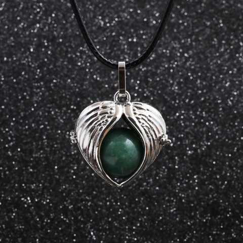 Engel Flügel Herz Anhänger Halskette Legierung Käfig Naturstein Perle Wachsseil Kette Vintage Schmuck Geschenk Damen