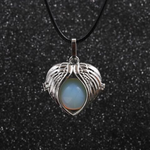 Engel Flügel Herz Anhänger Halskette Legierung Käfig Naturstein Perle Wachsseil Kette Vintage Schmuck Geschenk Damen