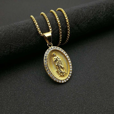 Collar Con Colgante De La Virgen María De Acero Inoxidable De Titanio Chapado En Oro Joyería Religiosa De Hip Hop