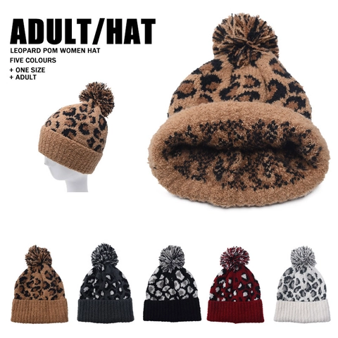 Women Leopard Print Acrylic Knitted Beanie Hat With Pom-pom Warm Winter Outdoor Ribbed Cuff Trendy