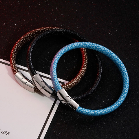 Stingray Skin Texture Leather Bracelet With Stainless Steel Magnetic Clasp Polished Fashion Jewelry For Men Women