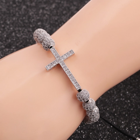 Pulsera De Cuentas De Cruz Cobre Micro Pavé Bolas Zirconia Ajustable Joyería Religiosa Unisex