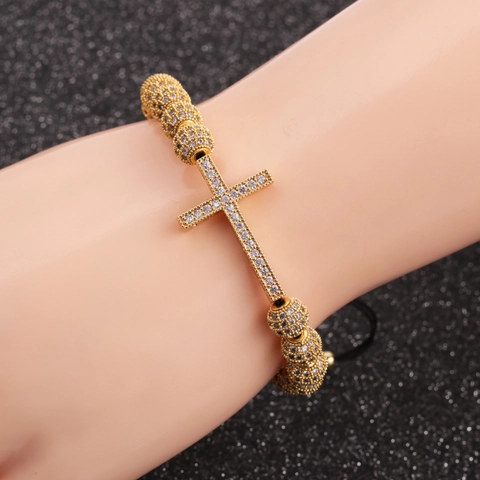 Pulsera De Cuentas De Cruz Cobre Micro Pavé Bolas Zirconia Ajustable Joyería Religiosa Unisex