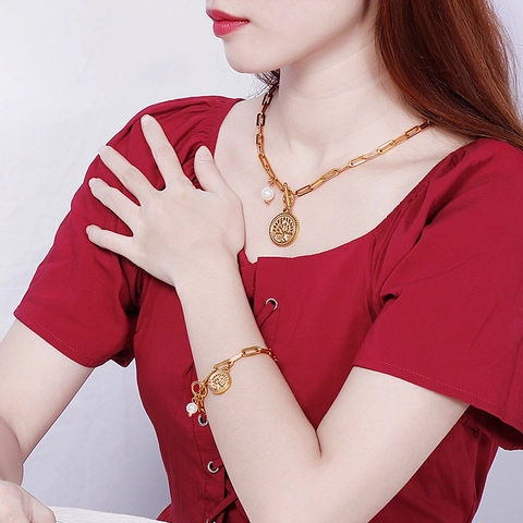 Levensboom Hanger Ketting En Armband Roestvrij Staal Paperclip Ketting Sieraden Met Kunstparels Voor Dames