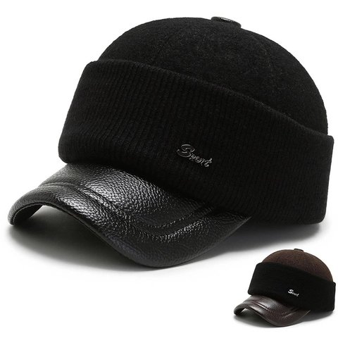 Cappello Da Baseball Invernale Da Uomo Caldo In Maglia Di Lana Protezione Per Le Orecchie Antivento Visiera In Pelle PU