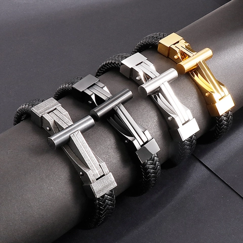 Bracciale Da Uomo In Pelle Intrecciata Con Chiusura Magnetica In Acciaio Inossidabile Stile Punk Geometrico Industriale