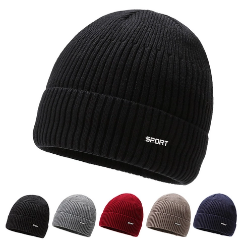 Gorro Beanie De Invierno Cálido Tejido Lana Acrílico Con Forro Polar Acanalado Color Sólido Parche Sport Para Hombre Mujer
