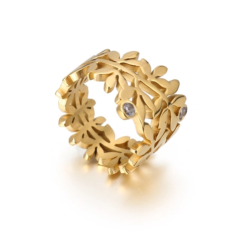 Bague Feuille Creuse Branche Olivier Acier Inoxydable Zircon Incrusté Bijoux Mode Femme Or Or Rose Argent