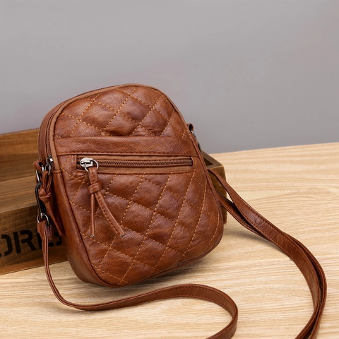 Quilted Diamond Lattice Women Crossbody Bag Soft PU Leather Multi Layer Shoulder Purse With Headphone Jack Adjustable Strap