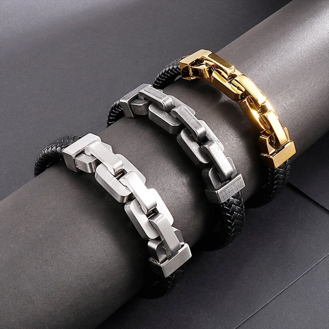 Herren Geflochtenes Lederarmband Edelstahl Quadratische Kette Gespleißt Industrial Punk Armreif Schmuck Geschenk
