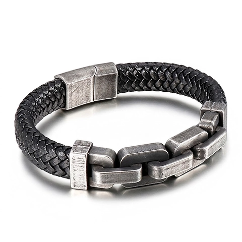 Herren Geflochtenes Lederarmband Edelstahl Quadratische Kette Gespleißt Industrial Punk Armreif Schmuck Geschenk