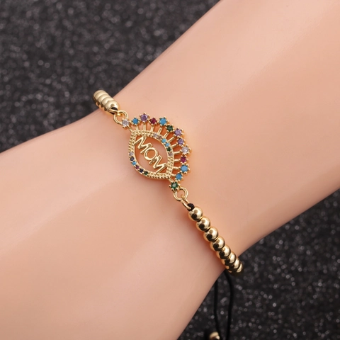 MOM Letter Bracelet Copper Micro Pave Colorful Cubic Zirconia Adjustable Chain Rope Jewelry Gift For Women