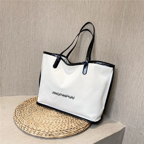 Damen Canvas Tote Tasche Mit PU Leder Besatz Große Kapazität Pendler Handtasche Kontrast Buchstaben Schultertasche