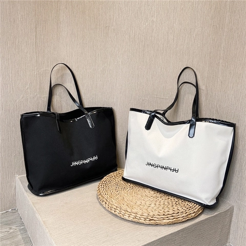 Damen Canvas Tote Tasche Mit PU Leder Besatz Große Kapazität Pendler Handtasche Kontrast Buchstaben Schultertasche