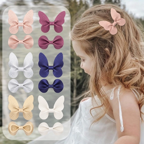 Butterfly Bowknot Hair Clips Litchi Texture PU Leather Metallic Shimmer Handmade Hairpins For Kids Girls Accessories
