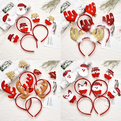 Christmas Headband Plush Reindeer Antlers Santa Snowman Hair Hoop Holiday Party Decoration Costume Accessory Glitter Sequin