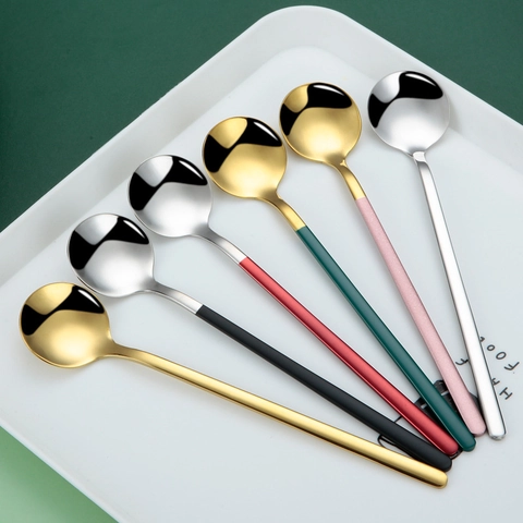 304 Stainless Steel Round Head Spoon Long Handle Mirror Polished Coffee Stirring Dessert Spoons Modern Colorful Handle