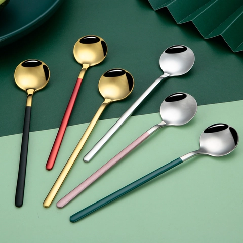 304 Stainless Steel Round Head Spoon Long Handle Mirror Polished Coffee Stirring Dessert Spoons Modern Colorful Handle