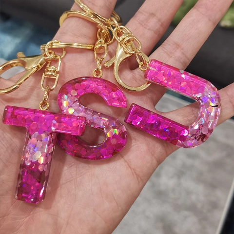 Porte-Clés Initiales Résine Alphabet Paillettes Or Fermoir Homard Pendentif Sac Rose Cadeau Pour Femmes Filles
