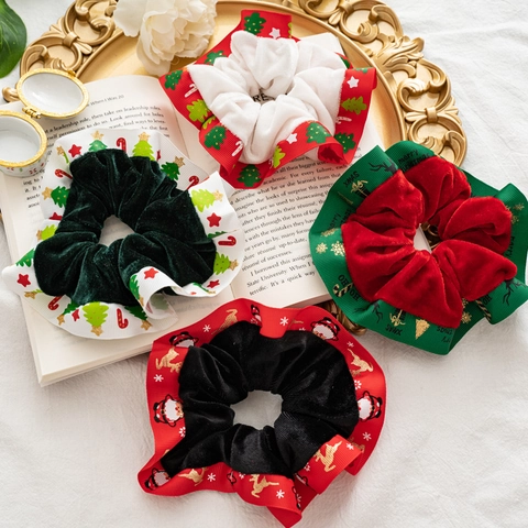 Scrunchies Natalizi In Velluto E Nastro Stampato Alta Elasticità Babbo Natale Renna Modello Elastici Per Capelli Donna Ragazza