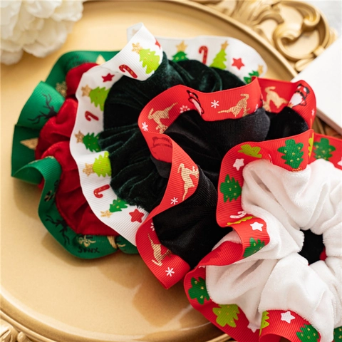 Scrunchies Natalizi In Velluto E Nastro Stampato Alta Elasticità Babbo Natale Renna Modello Elastici Per Capelli Donna Ragazza
