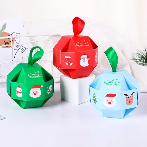 Cajas De Regalo De Navidad Empaque De Dulces De Papel Poliedro Geométrico Con Asa De Cinta Estampado Festivo De Papá Noel