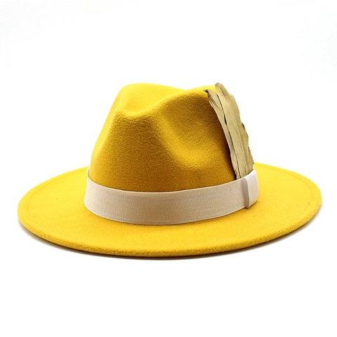 Fedora Hat Wide Brim Wool Felt Texture Ribbon Gold Feather Decoration Retro Jazz Style Elegant Accessories For Men Women