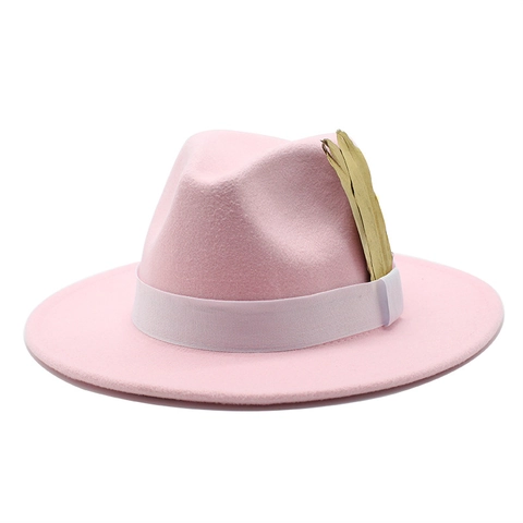 Fedora Hat Wide Brim Wool Felt Texture Ribbon Gold Feather Decoration Retro Jazz Style Elegant Accessories For Men Women