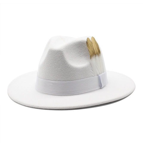 Wool Felt Fedora Hat With Feather Decoration Wide Flat Brim Retro Western Style Jazz Cap For Men Women