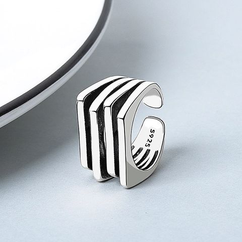 Bague Ouverte en Cuivre Couleur Argent Thaï Rétro pour Femmes Hommes Minimaliste Multi-couches Réglable Géométrie Bijoux