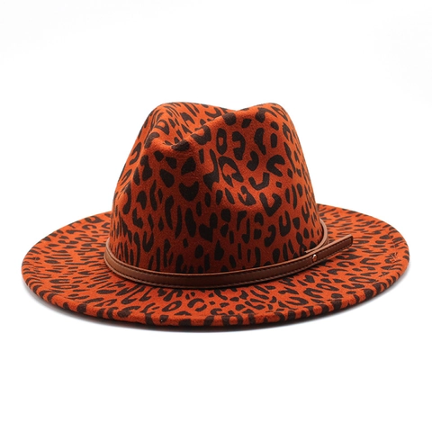 Leopard Print Fedora Hut Breite Flache Krempe Wollfilz Jazz Kappe Mit Lederband Retro Western Unisex Herbst Winter