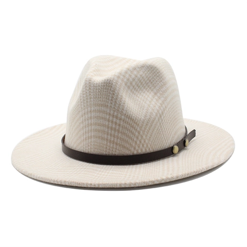 Unisex Plaid Wool Blend Fedora Hat British Style Wide Flat Brim Jazz Cap With Faux Leather Band And Rivets
