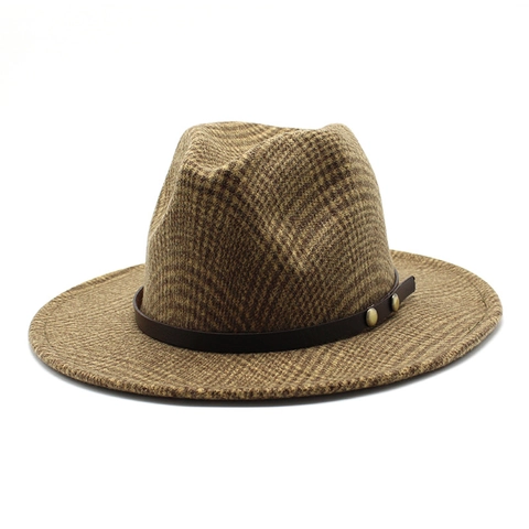 Unisex Plaid Wool Blend Fedora Hat British Style Wide Flat Brim Jazz Cap With Faux Leather Band And Rivets