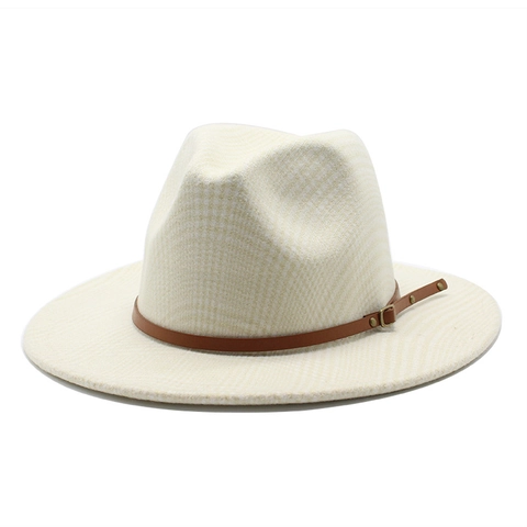 Vintage Plaid Fedora Hat Wool Blend Wide Flat Brim Jazz Cap With Leather Band Metal Buckle For Men Women Retro Style