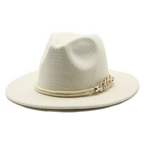 Classic Fedora Hat Wool Blend Plaid Houndstooth Pattern Flat Brim With Gold Rope Metal Chain Retro Elegant Unisex