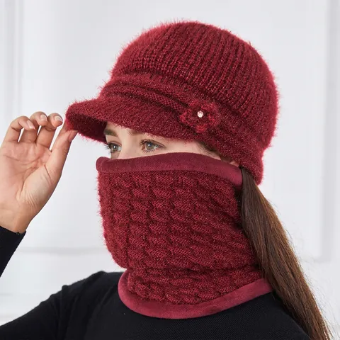 Bonnet En Tricot D'hiver Pour Femmes Et Cache-Cou Acrylique Doublé Polaire Thermique Décor De Fleurs Pour Mère Âgée