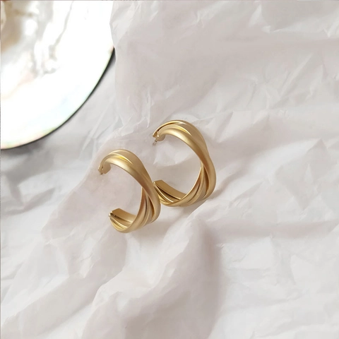 Geometric Twisted Hoop Earrings For Women Matte Gold Metal With 925 Sterling Silver Earring Post Minimalist Irregular