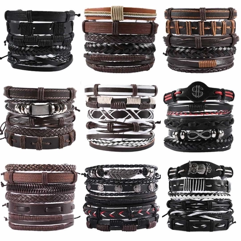 Vintage Men Bracelet Multi Layer Leather Woven Rope Alloy Feather Owl Charms Adjustable Punk Ethnic Style Jewelry