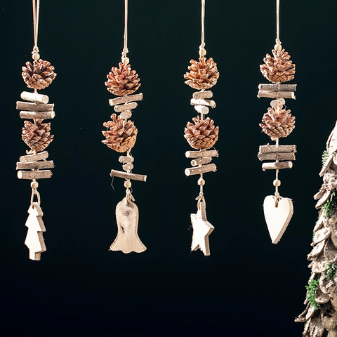 Rustikales Weihnachts-Hängeornament Natürlicher Kiefernzapfen Holzstern Herz Baumform Deko Vintage Wohndekor