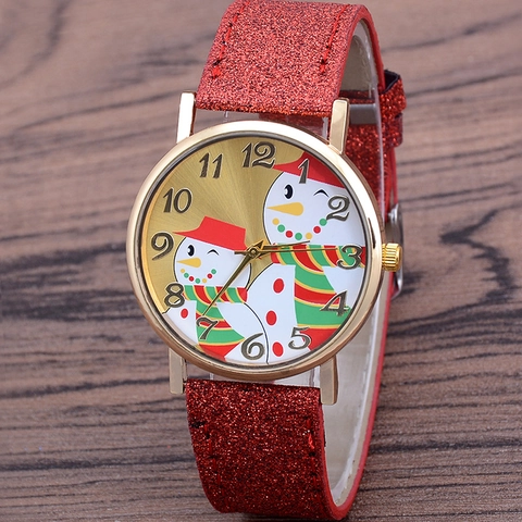 Christmas Snowman Quartz Watch Zinc Alloy Case PU Leather Glitter Fabric Strap Festive Holiday Casual Gift For Women Girls