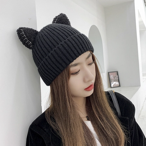 Damen Niedlich Katzenohren Rippstrick Mütze Winter Warm Weich Acryl Häkeln Skull Cap Koreanischer Stil Mode Outdoor Kopfbedeckung