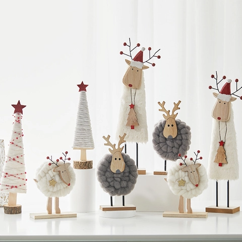 Weihnachts Tischdeko Holz Wollfilz Rentier Schaf Schneemann Weihnachtsbaum Dekoration Nordischer Minimalistischer Stil