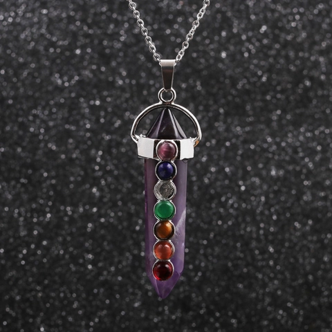 Chakra Heilkristall Anhänger Halskette Edelstahlkette Energiestein Spiritueller Meditationsschmuck Sechseckige Säule Symbol