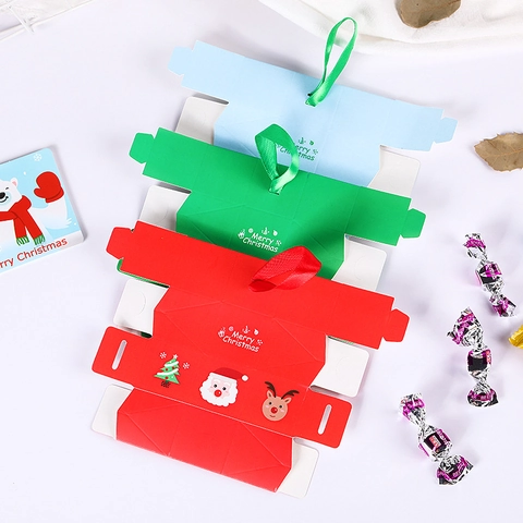 Merry Christmas Candy Box Octagonal White Cardboard Gift Packaging With Ribbon Santa Claus Elk Pattern Holiday Party Favor