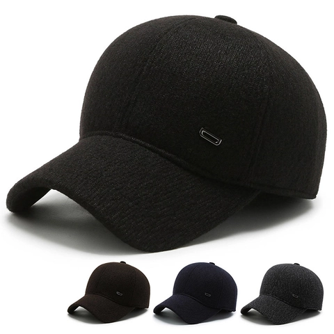 Gorra De Béisbol De Invierno Cálida Tela De Lana Con Orejeras A Prueba De Viento Sombrero De Hombre Ajustable Color Sólido