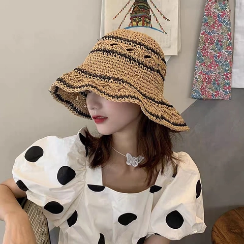 Cappello di Paglia di Carta a Tesa Larga Pieghevole da Donna Motivo a Strisce Traspirante Protezione Solare Cappello da Pescatore per Spiaggia Viaggi Vacanze